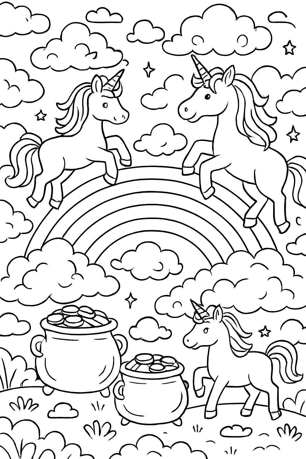 Coloriage à imprimer : Licornes aux chaudrons d'or
