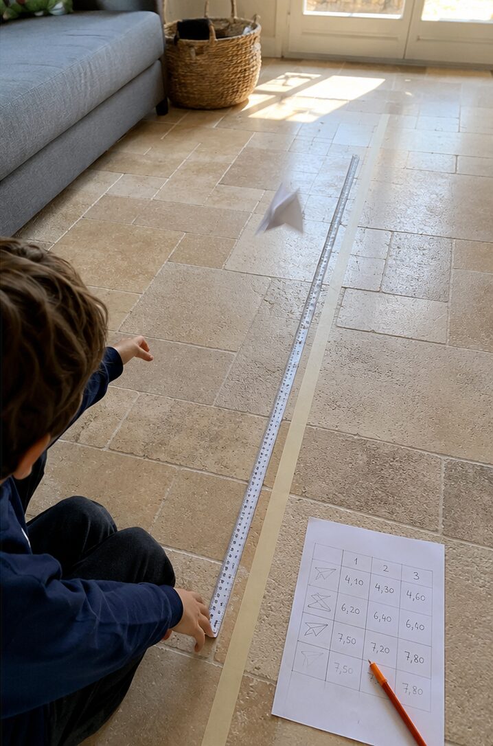 Un enfant mesure la distance de vol d'un avion en papier avec un mètre déroulé au sol, un tableau de scores posé à côté