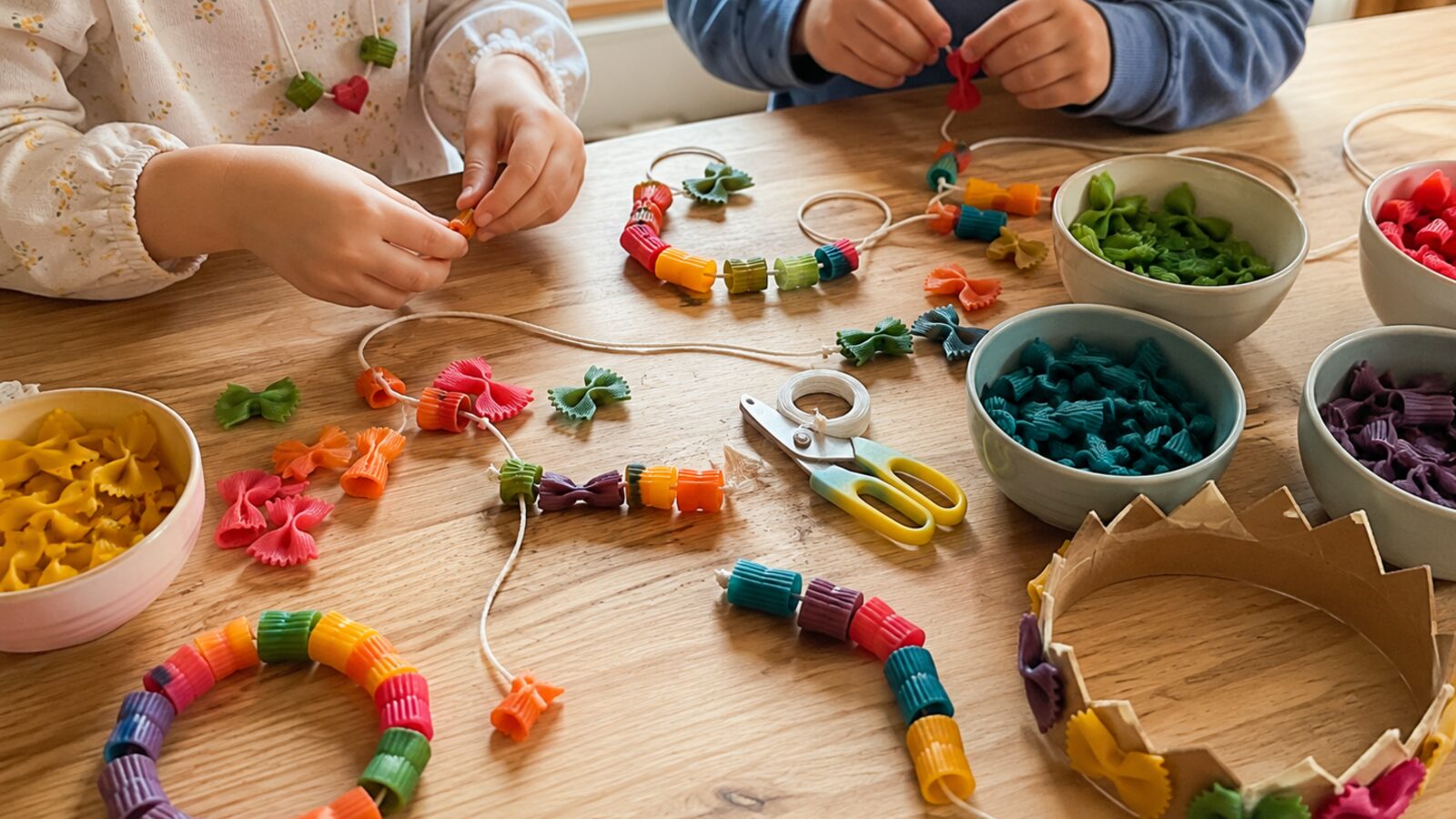Deux enfants enfilent des pâtes colorées sur des cordelettes, entourés de bols de pâtes teintes et d'une couronne en carton décorée