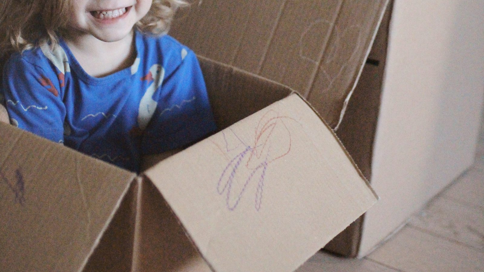 Une petite fille tout sourire installée dans son carton décoré aux feutres, un deuxième carton en fond