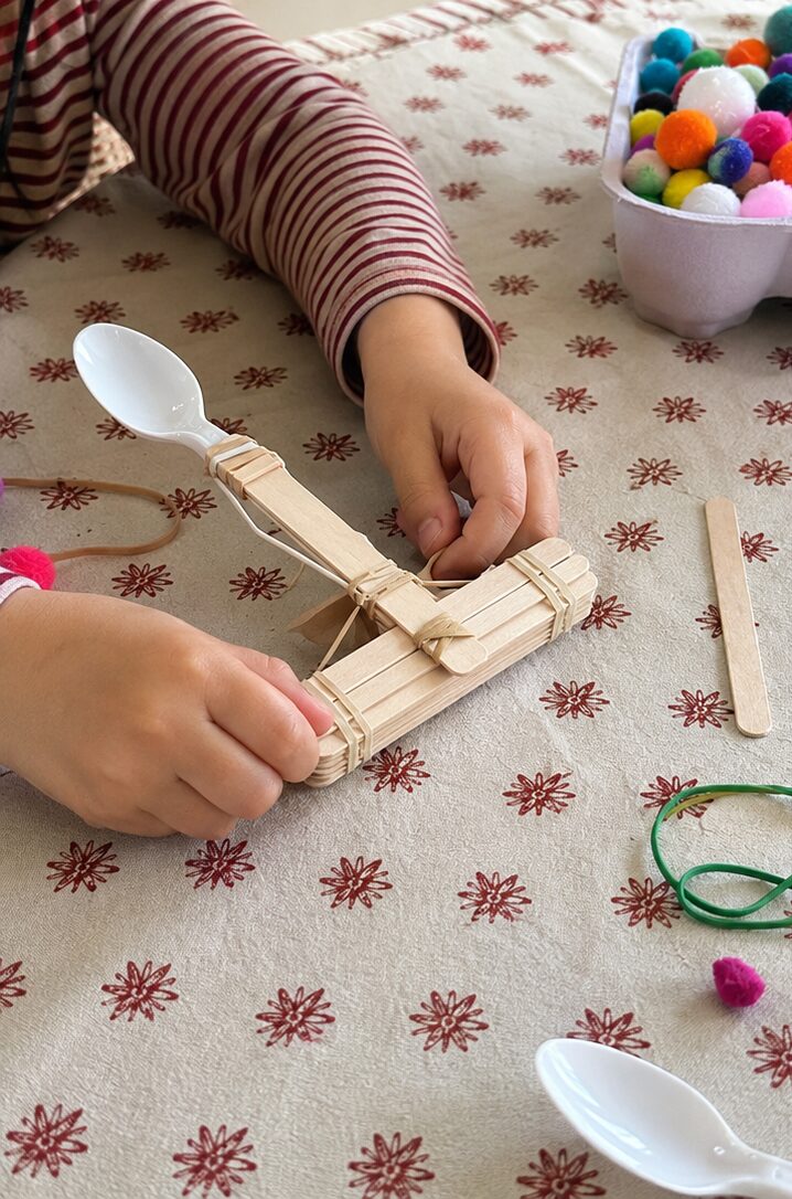 Un enfant assemble une catapulte en bâtonnets de glace avec des élastiques et une cuillère en plastique, une boîte de pompons colorés à côté