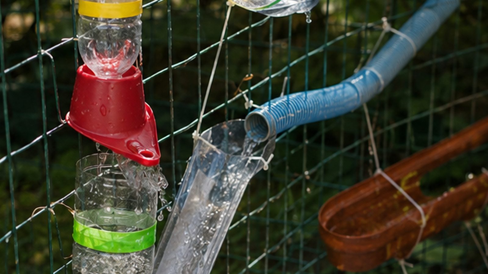 Détail d'un circuit d'eau fait de bouteilles découpées, d'entonnoirs et de tuyaux fixés sur un grillage