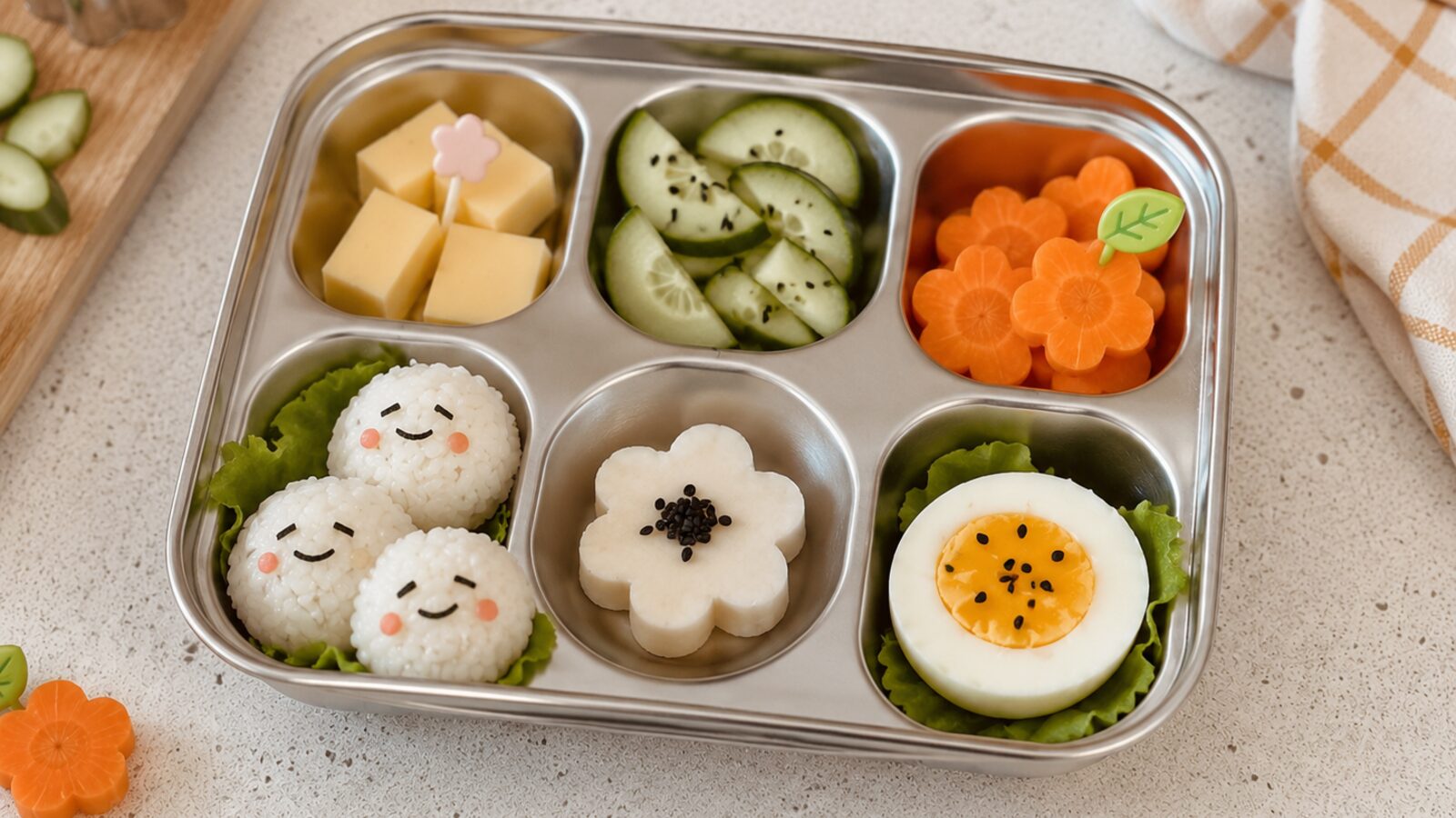 Bento en inox rempli de fleurs de carotte orange, dés de fromage, tranches de concombre au sésame, une forme de fleur blanche, un demi-œuf dur et trois boulettes de riz au visage souriant posées sur une feuille de salade