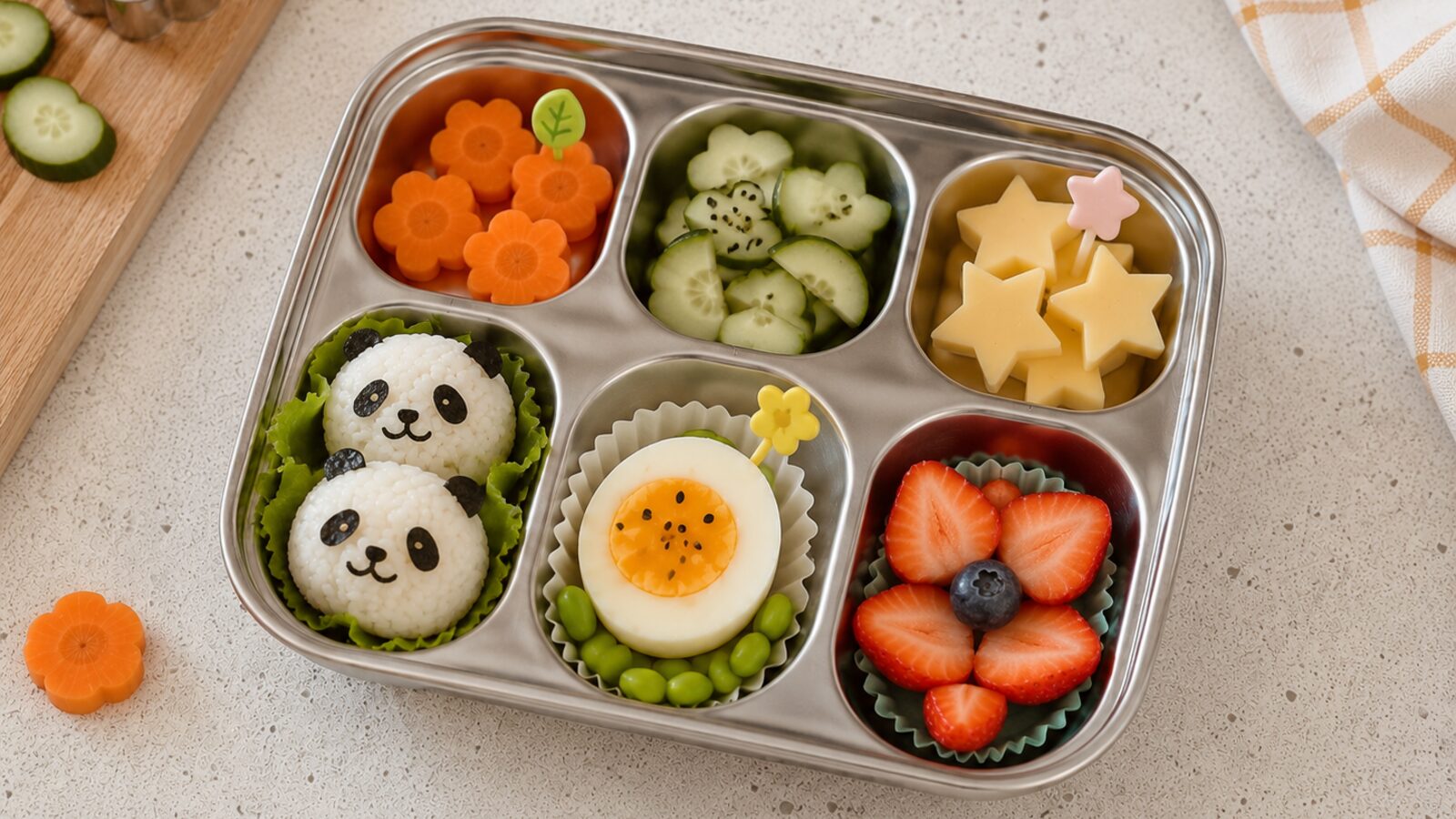 Bento en inox avec deux boulettes de riz décorées en pandas grâce à des morceaux d'algue nori, des fleurs de carotte, des fleurs de concombre, des étoiles de fromage, un demi-œuf entouré d'edamame et des fraises disposées en fleur