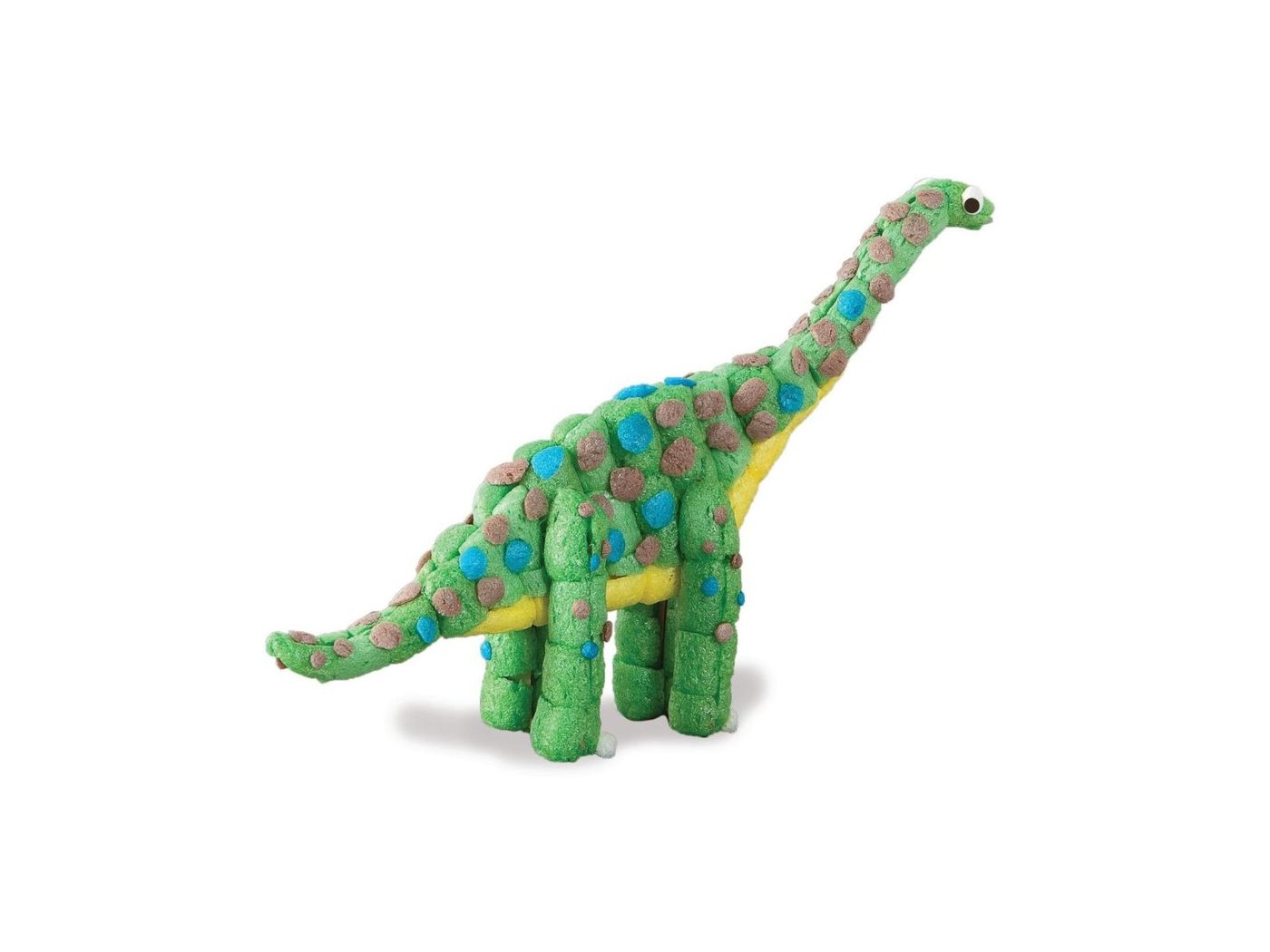 Un dinosaure au long cou construit en flocons de PlayMaïs verts et bruns