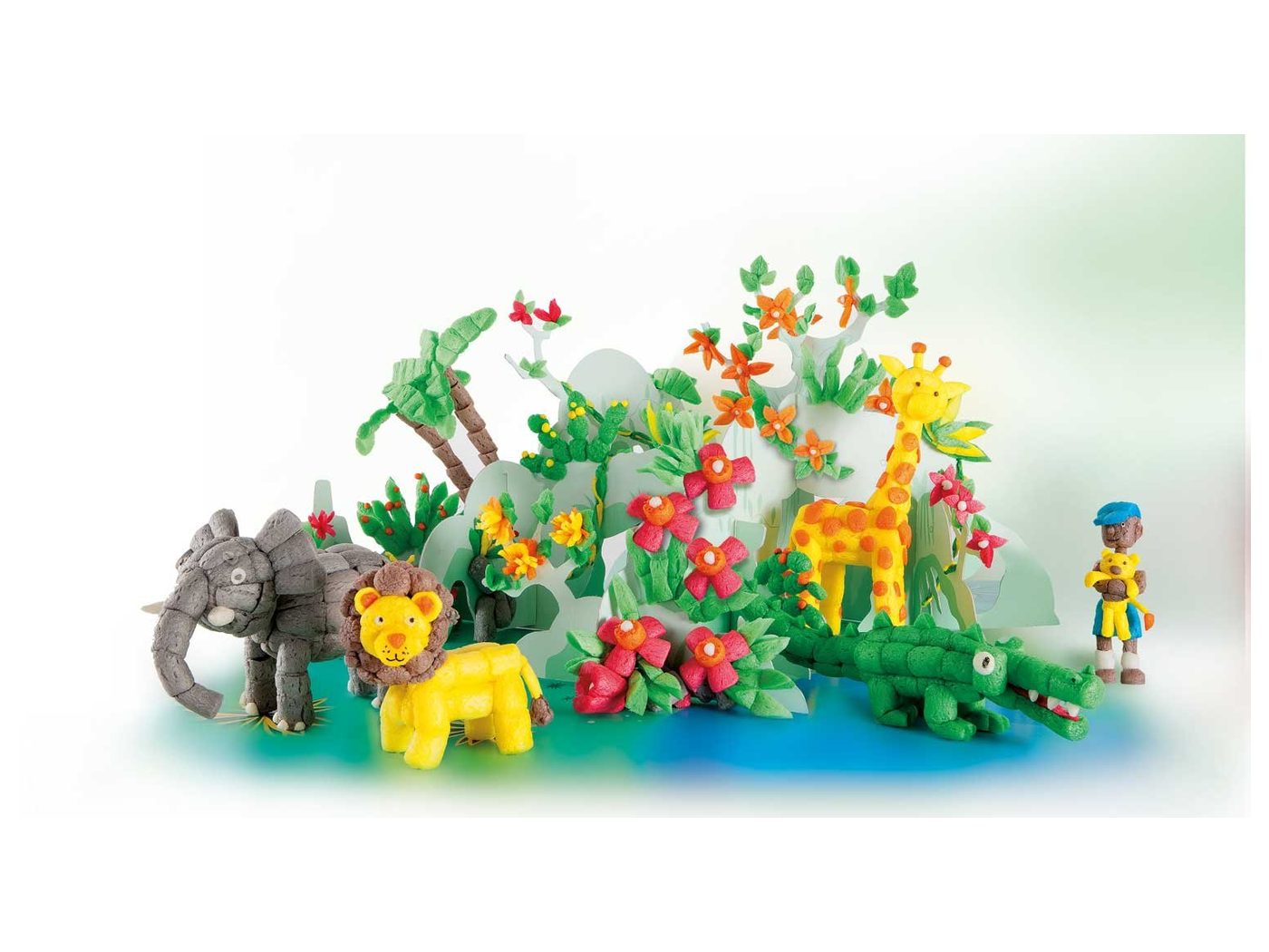 Des animaux de la savane en PlayMaïs : éléphant, lion, girafe, crocodile