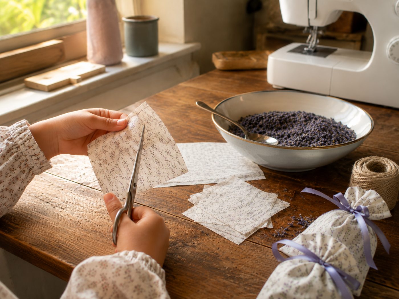 Mains d'enfant qui découpent aux ciseaux un carré de tissu à petites fleurs, d'autres carrés déjà coupés posés sur une table en bois près d'une fenêtre, un bol de lavande séchée et un pochon fini noué d'un ruban à côté