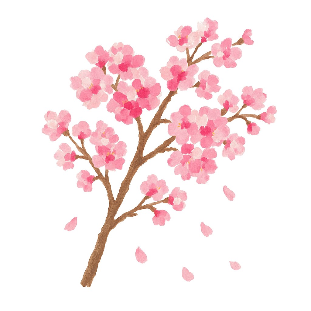 Peinture d'une branche de cerisier du Japon en fleurs, tronc marron peint au pinceau et grappes de fleurs roses et blanches tamponnées, sur fond blanc