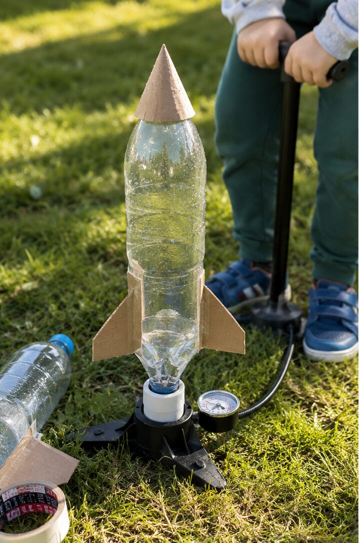 Une fusée en bouteille avec ailerons et nez en carton posée sur sa base de lancement, un enfant actionne la pompe à vélo