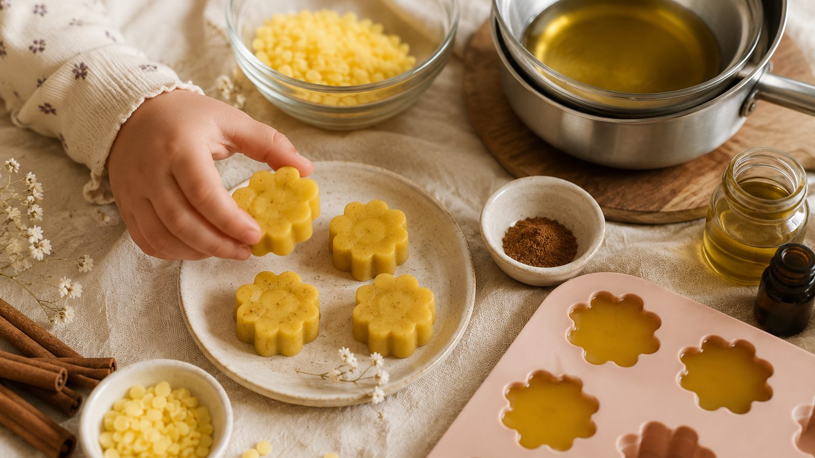 Petite main d'enfant attrapant une barre de massage en forme de fleur, à côté de pastilles de cire d'abeille, d'un bain-marie et d'un moule en silicone rose
