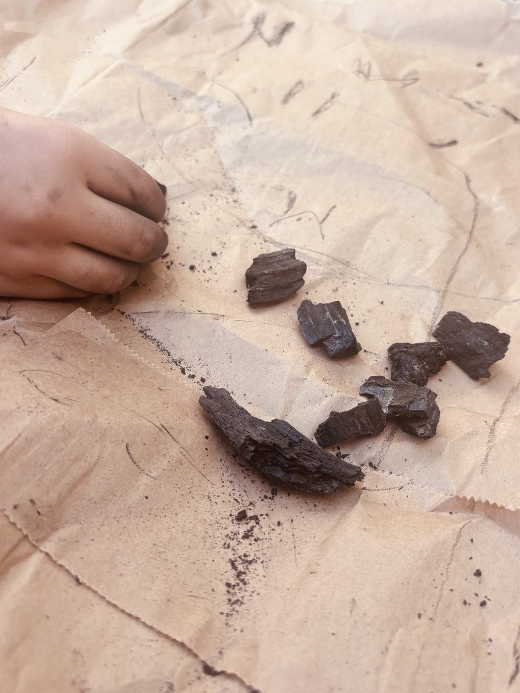 Des morceaux de charbon de bois posés sur du papier kraft froissé, à côté de la main d'un enfant