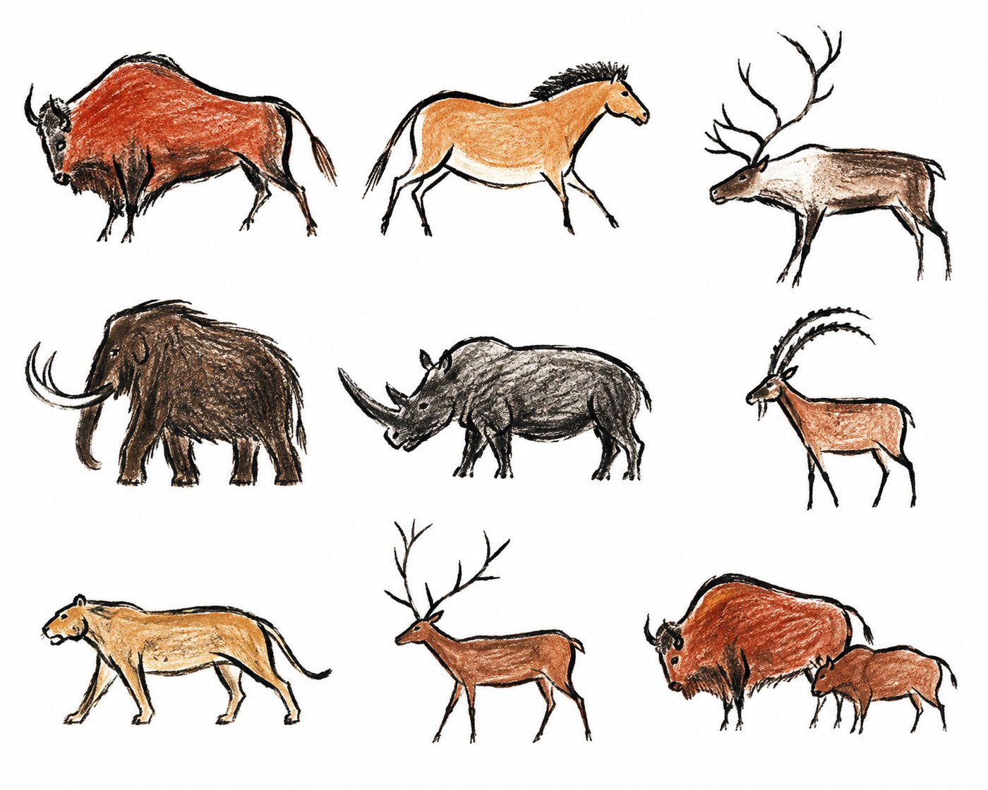 Planche de neuf animaux préhistoriques dessinés dans le style de l'art pariétal, en noir et en ocres : bison, cheval, renne, mammouth, rhinocéros laineux, bouquetin, lion des cavernes, cerf, et un bison avec son petit