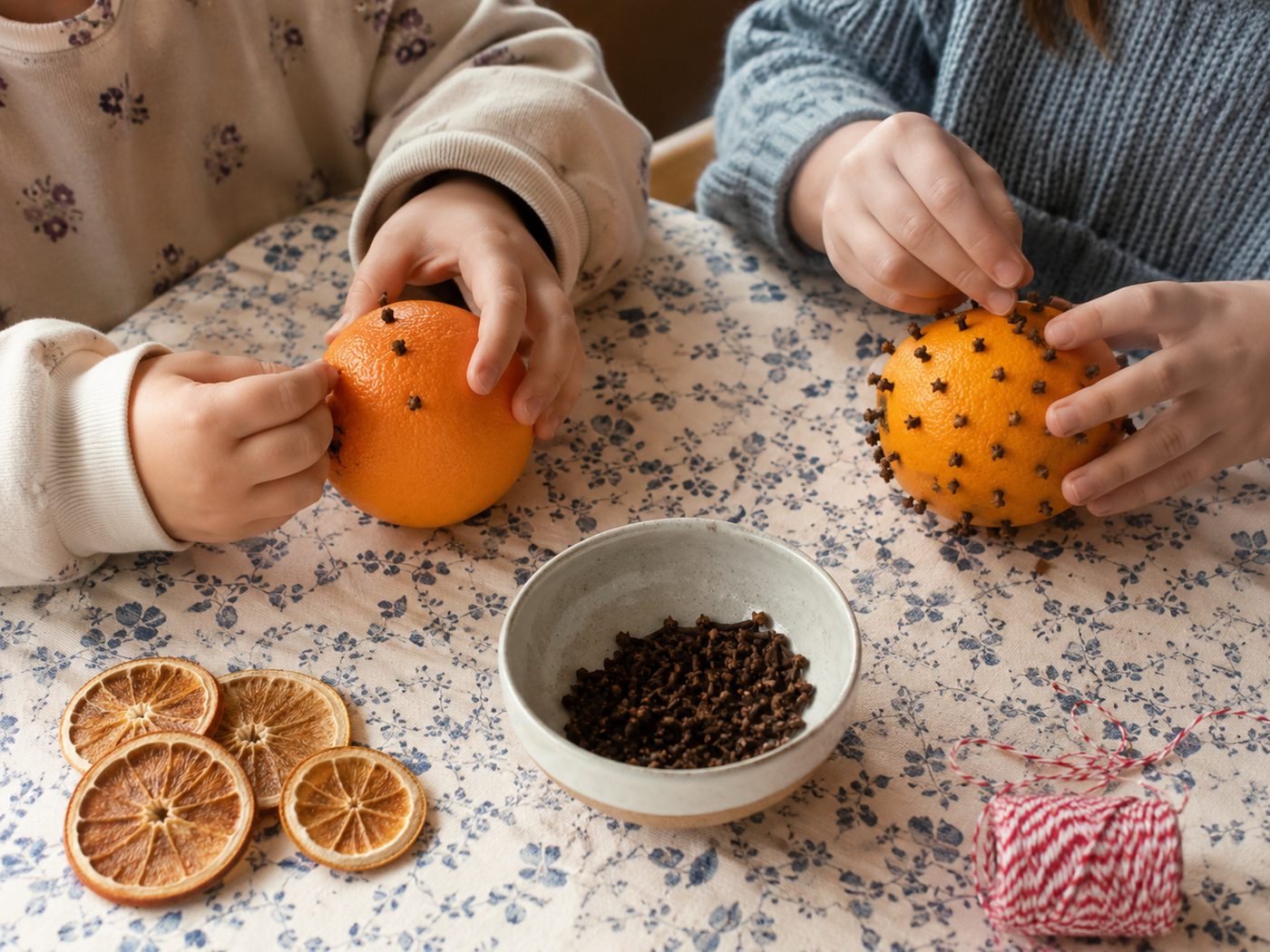 Deux enfants piquent chacun une orange de clous de girofle autour d'un bol de clous, avec des tranches d'orange séchées et une bobine de ficelle bicolore sur la table