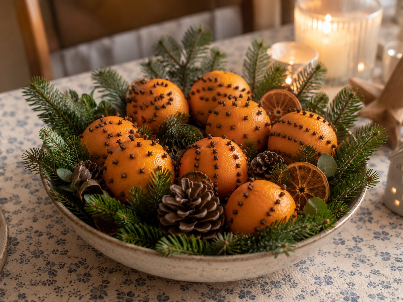 Une coupe garnie d'oranges piquées de clous de girofle, de branches de sapin et de pommes de pin, posée en centre de table à côté d'une bougie
