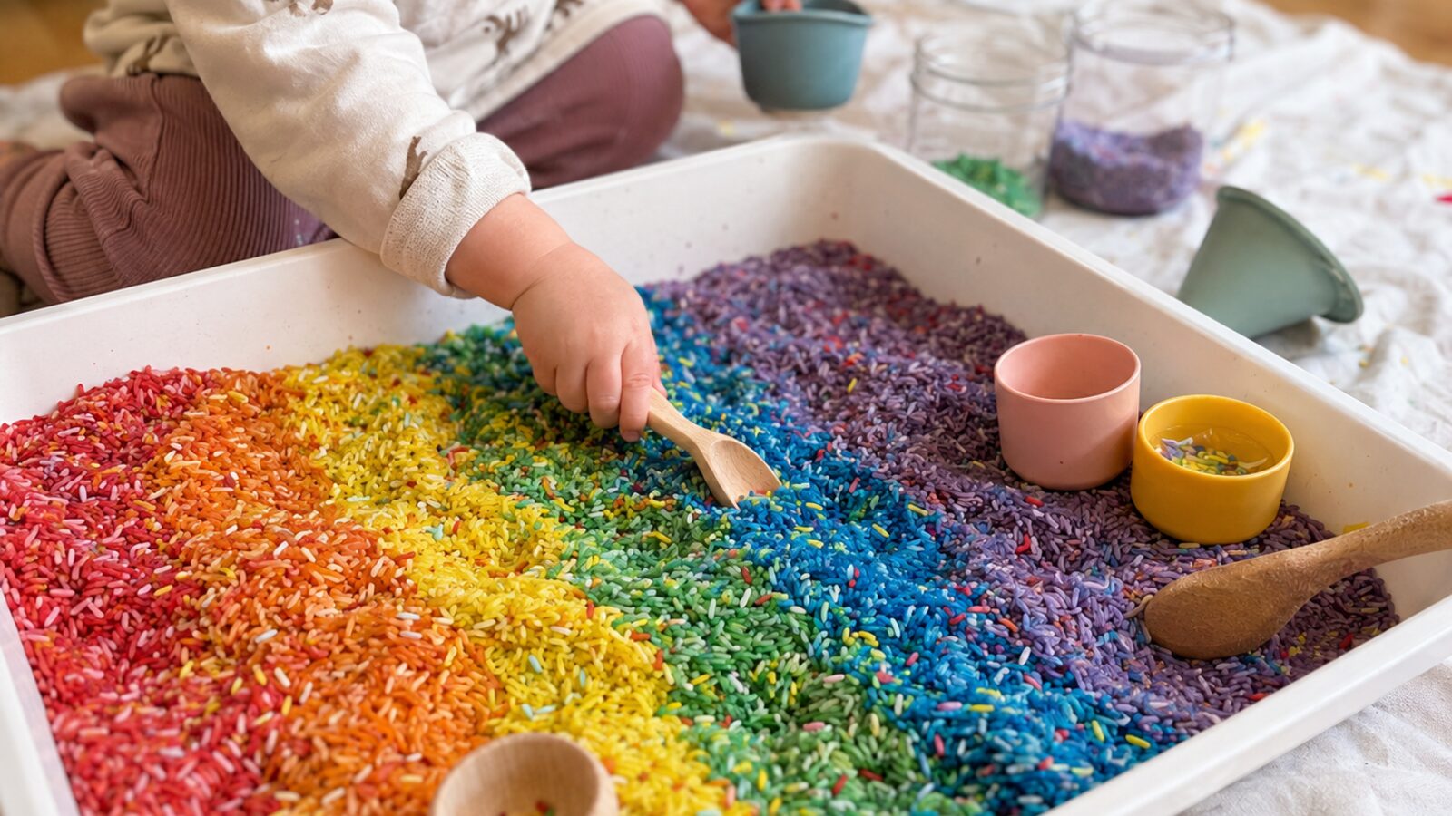 Un grand bac blanc rempli de riz coloré en dégradé arc-en-ciel, avec des cuillères en bois et des petits pots