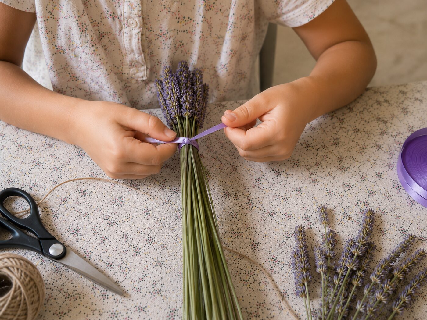 Mains d'enfant qui serrent les tiges d'un petit bouquet de lavande juste sous les fleurs et nouent un ruban violet autour, des ciseaux et quelques brins de lavande poses a cote sur une nappe a fleurs