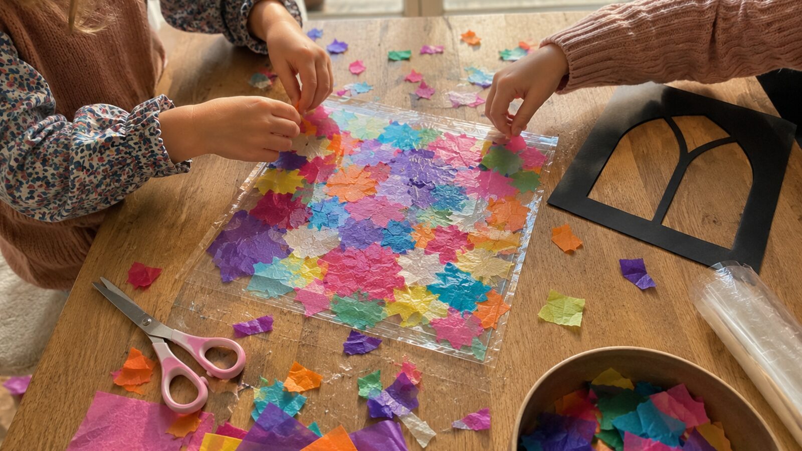 Deux enfants collent des morceaux de papier de soie colorés sur une feuille adhésive transparente, avec un cadre de fenêtre en papier noir posé à côté