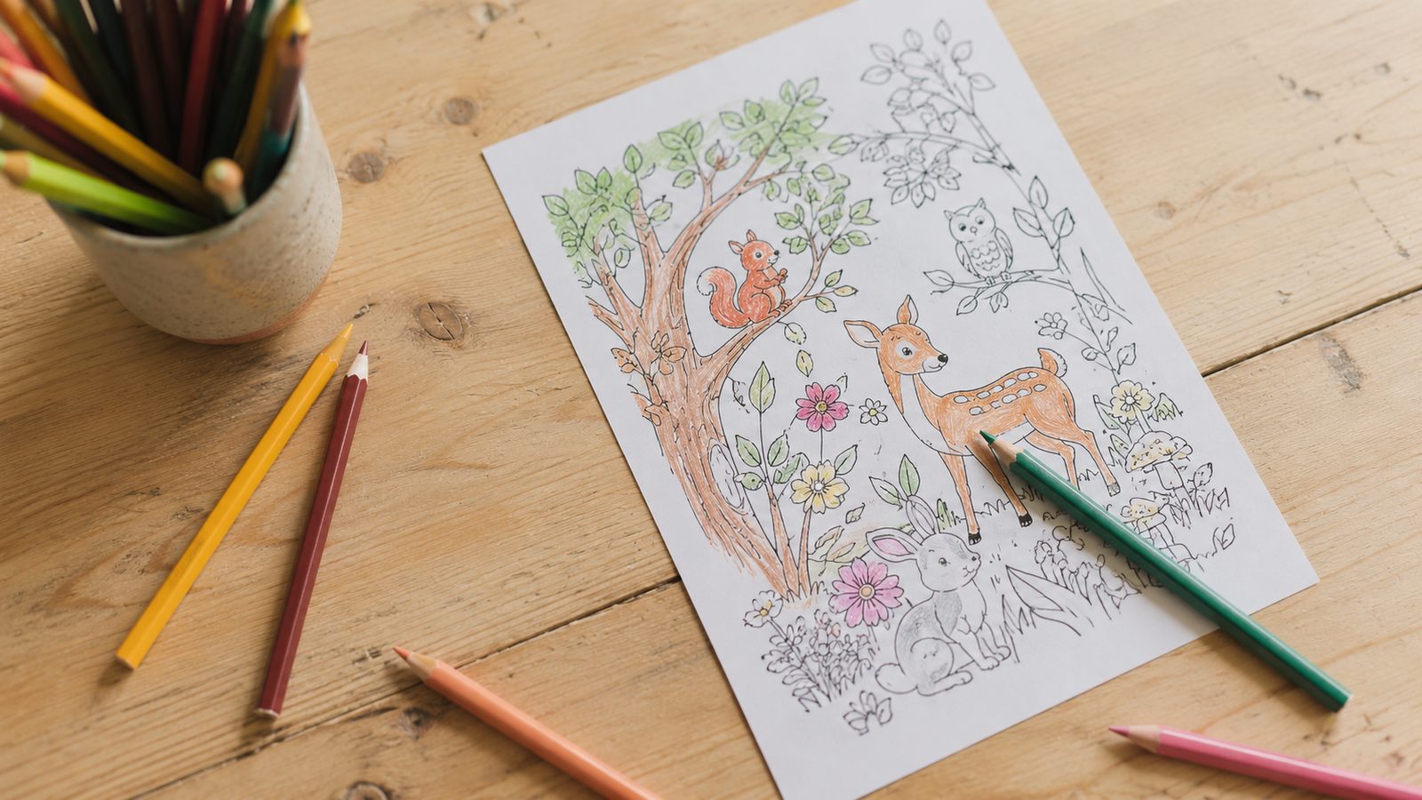 Un coloriage de forêt avec un faon, un écureuil et un lapin, en cours de coloriage aux crayons de couleur sur une table en bois