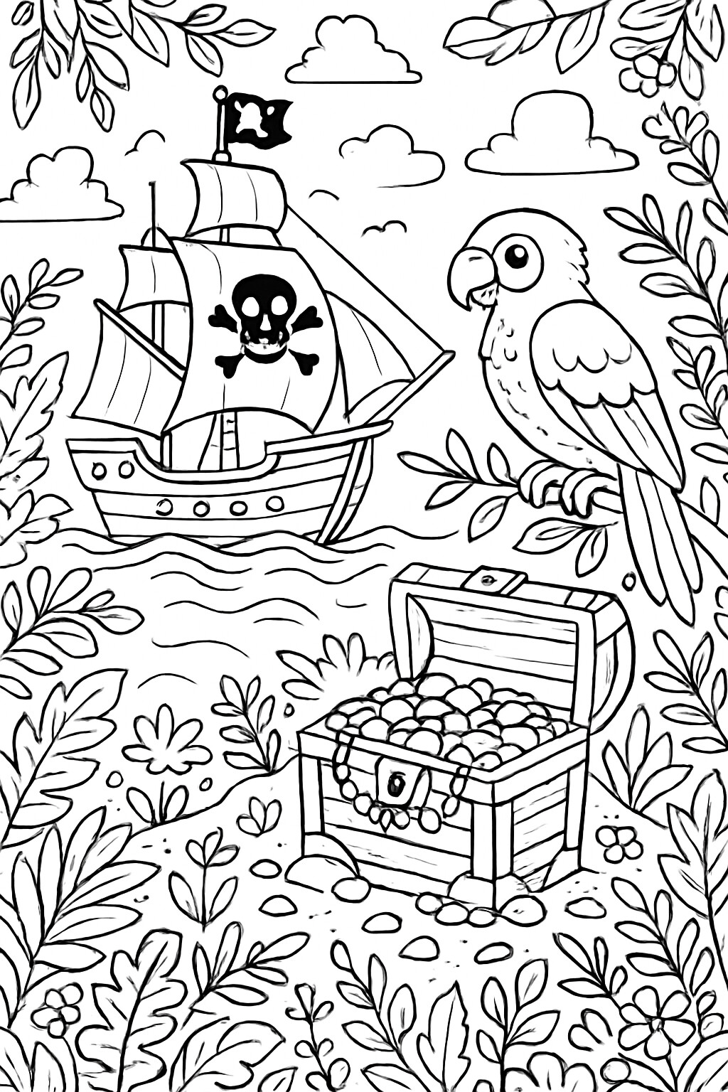 Coloriage Le bateau pirate et son trésor à imprimer