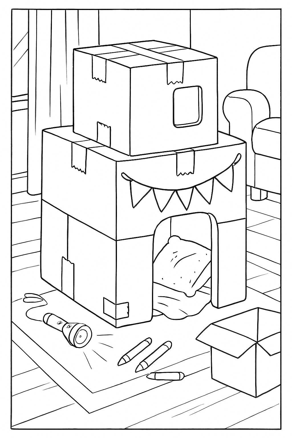 Coloriage La cabane en carton à imprimer