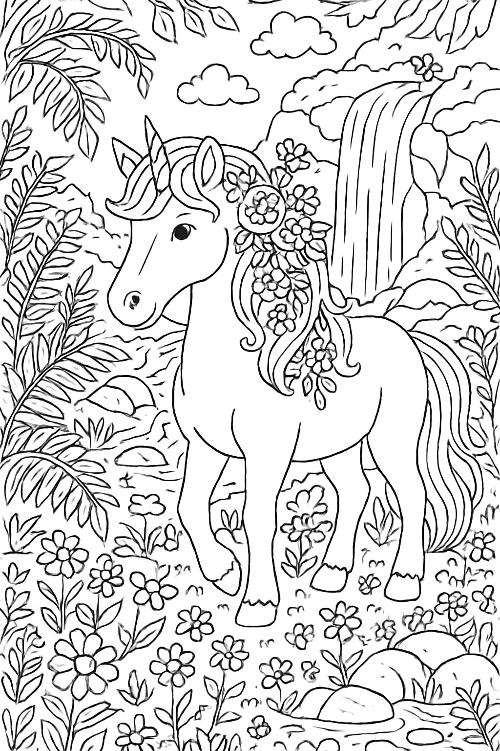 Coloriage La licorne à la cascade à imprimer