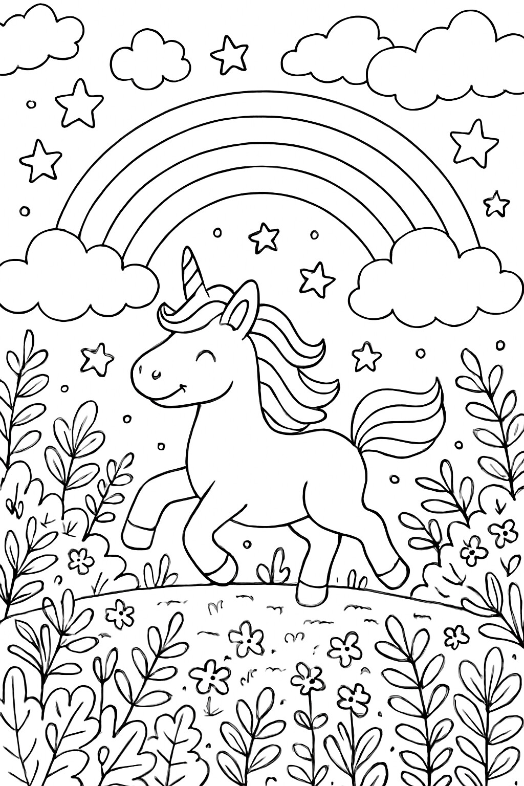 Coloriage La licorne et l'arc-en-ciel à imprimer