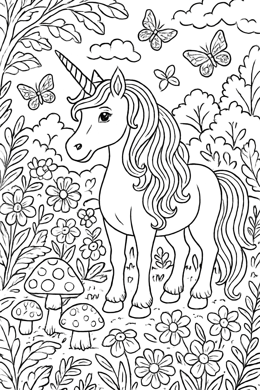 Coloriage La licorne dans la clairière à imprimer
