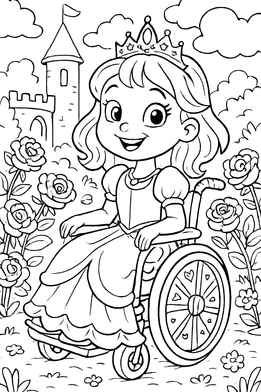 Coloriage La princesse en fauteuil roulant à imprimer