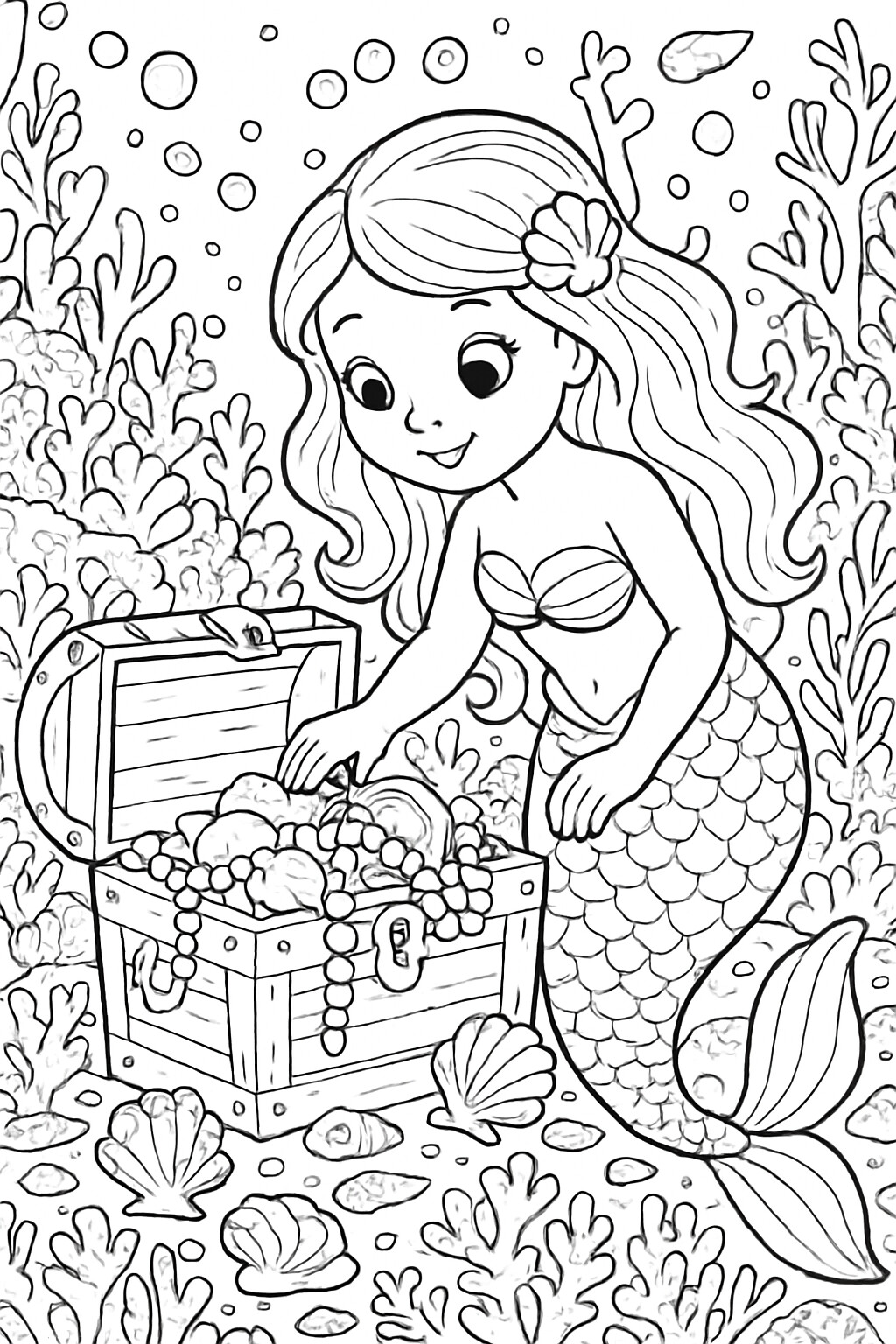 Coloriage La sirène et le coffre au trésor à imprimer