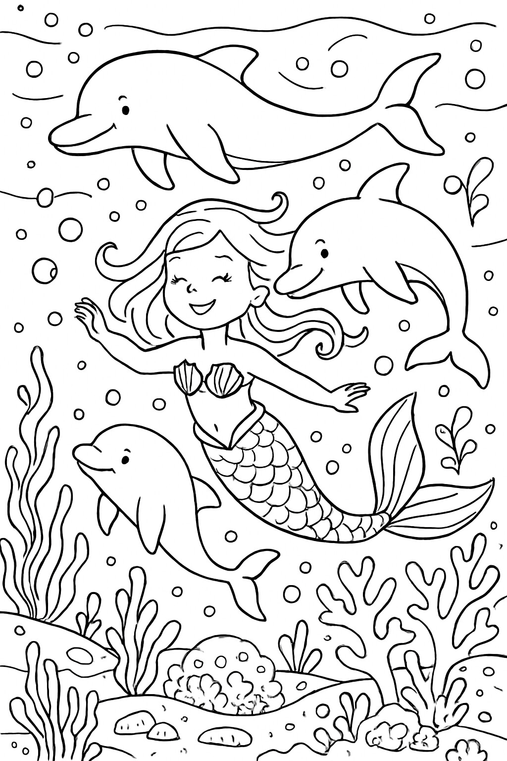 Coloriage La sirène et les dauphins à imprimer