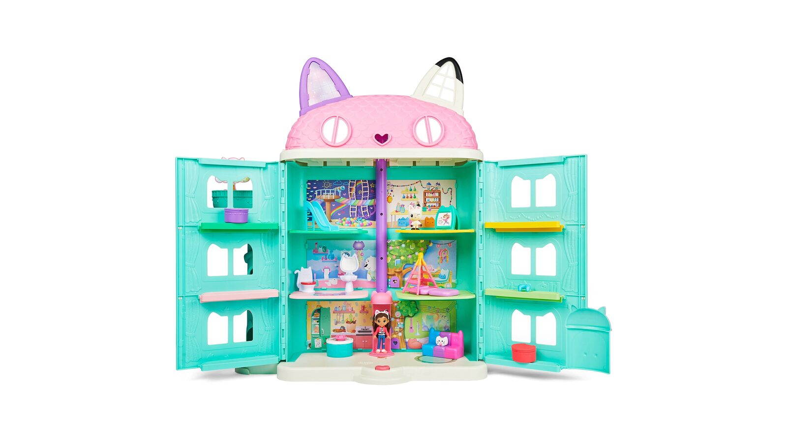 La maison de poupée officielle Gabby et la Maison Magique ouverte, avec ses oreilles de chat et ses pièces colorées