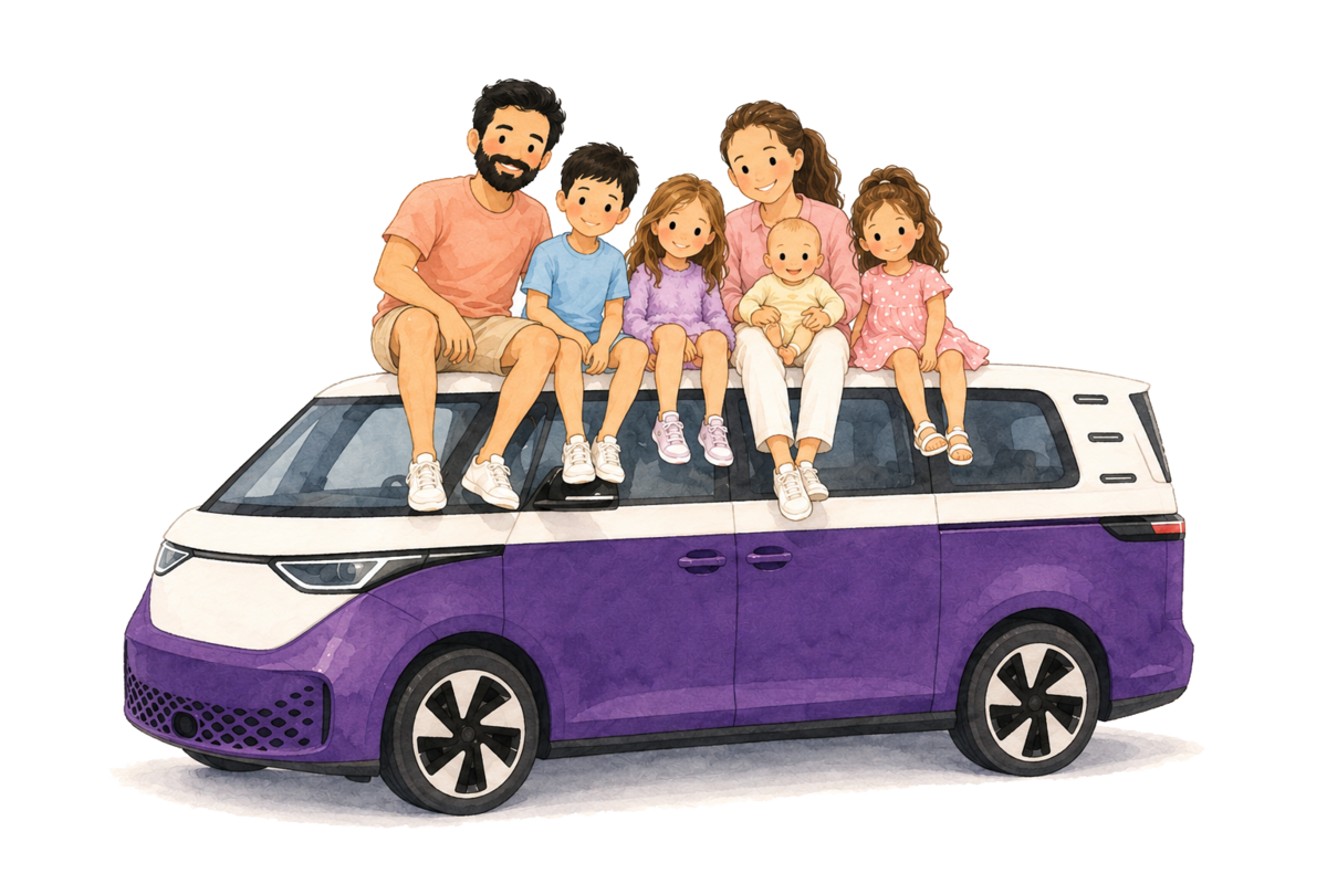 Illustration à l'aquarelle : notre famille, deux parents et quatre enfants, assis sur le toit d'un van violet